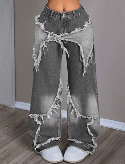 Cross-border Spring and Autumn American Retro Star Jeans Women's Multi-pocket Strap High Street Loose Straight Tooling Jeans