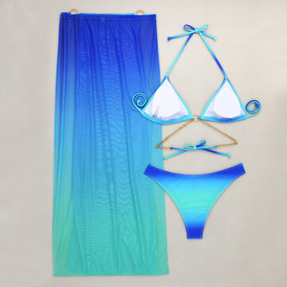 2025 European and American New Gradient Mesh Long Skirt Drawstring Strap Bikini Bikini Three-Piece Swimsuit Cross-Border