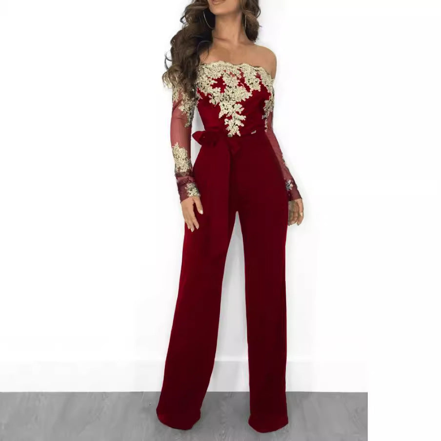 Women’s Lace Wide-Leg Jumpsuit – Elegant One-Shoulder Neck Casual Romper, European & American Style, 7 Colors