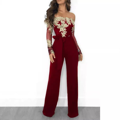 Women’s Lace Wide-Leg Jumpsuit – Elegant One-Shoulder Neck Casual Romper, European & American Style, 7 Colors