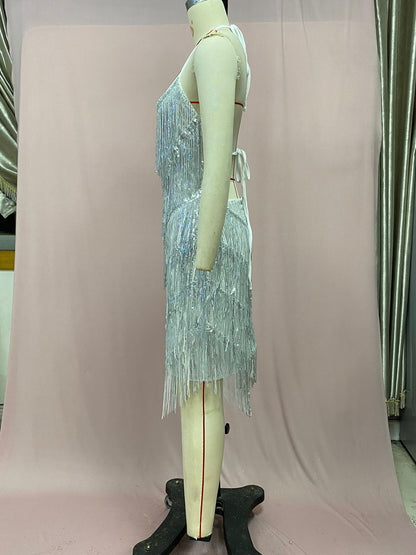 2025 Cross-Border European and American Independent Station New Direct Selling Halter Tassel Backless Hip-Covering A-Line High-Waisted Short Skirt Dress