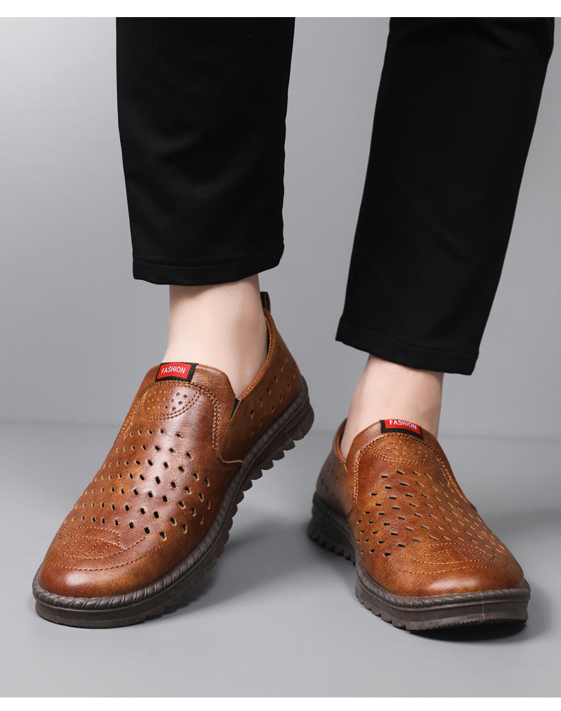Men’s Breathable Leather Slip-On Shoes – Hollow-Out Perforated Summer Business Casual Loafers, Soft & Comfortable Low-Top Footwear
