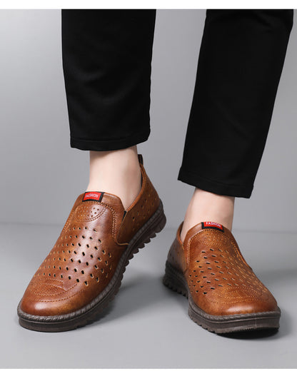 Men’s Breathable Leather Slip-On Shoes – Hollow-Out Perforated Summer Business Casual Loafers, Soft & Comfortable Low-Top Footwear