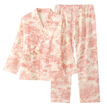 New Chinoiserie Pure Cotton Double-Layer Cotton Gauze Women's Pajamas Spring, Autumn and Summer Thin Long-Sleeved Lace-Up Home Clothes Set