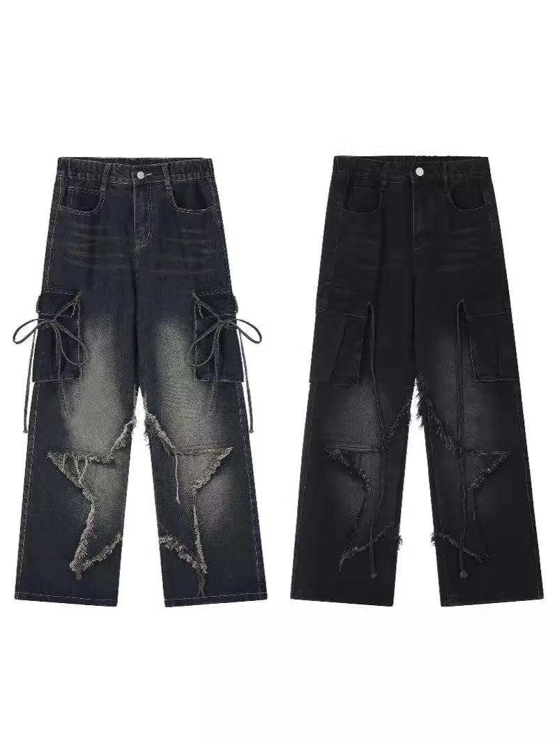 Cross-border Spring and Autumn American Retro Star Jeans Women's Multi-pocket Strap High Street Loose Straight Tooling Jeans