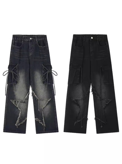 Cross-border Spring and Autumn American Retro Star Jeans Women's Multi-pocket Strap High Street Loose Straight Tooling Jeans