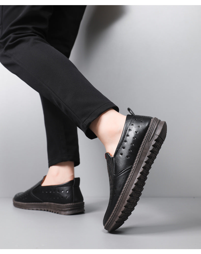 Men’s Breathable Leather Slip-On Shoes – Hollow-Out Perforated Summer Business Casual Loafers, Soft & Comfortable Low-Top Footwear