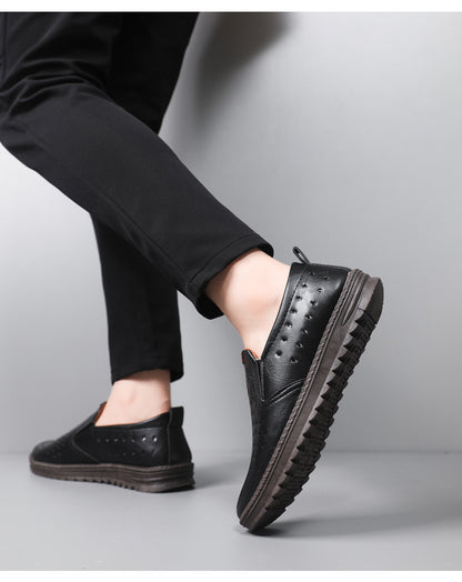 Men’s Breathable Leather Slip-On Shoes – Hollow-Out Perforated Summer Business Casual Loafers, Soft & Comfortable Low-Top Footwear