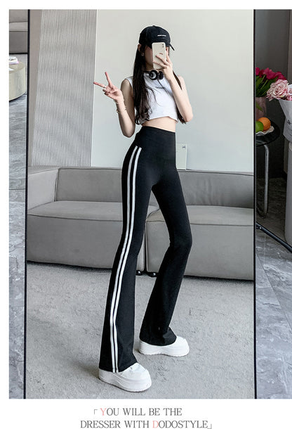 Plus Size Shark Bell Bottoms Spring Pants Women's Outer Wear Boot-Cut Pants Shark Pants High Waist Slim Side White Striped Women's Pants