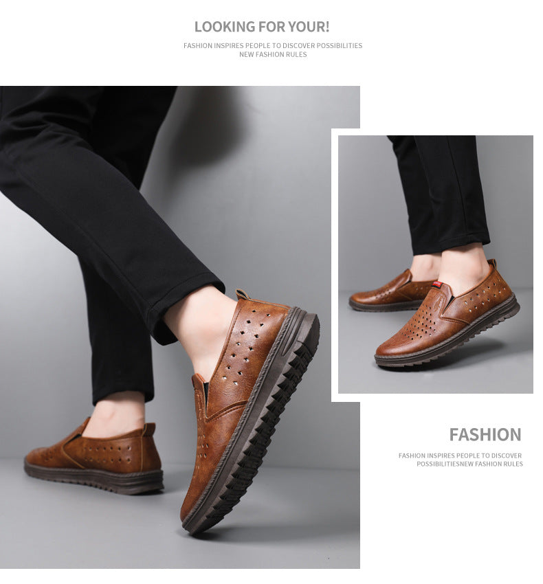 Men’s Breathable Leather Slip-On Shoes – Hollow-Out Perforated Summer Business Casual Loafers, Soft & Comfortable Low-Top Footwear