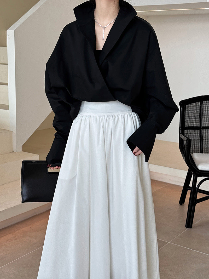 Luxi profile stacked stand collar deep V-neck white shirt Women's lazy batwing sleeve elegant large commuter shirt 9618