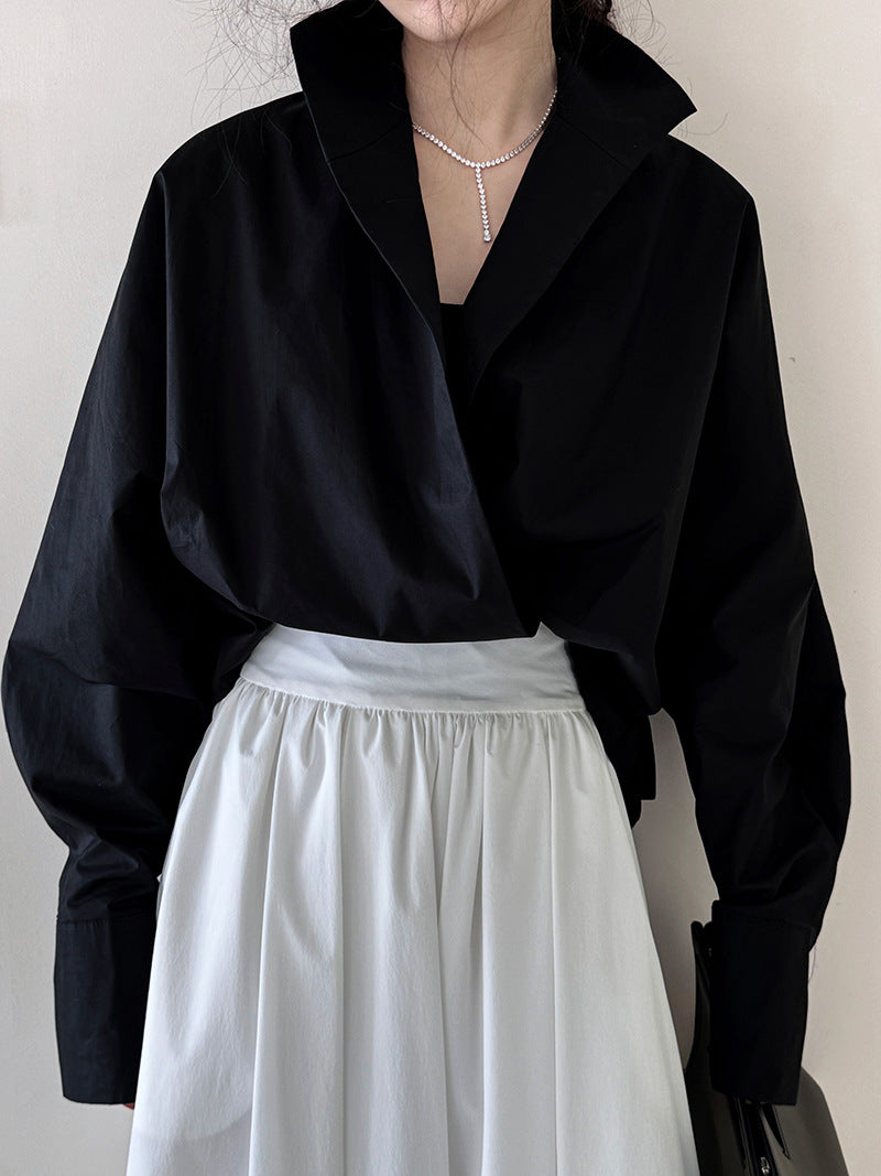 Luxi profile stacked stand collar deep V-neck white shirt Women's lazy batwing sleeve elegant large commuter shirt 9618