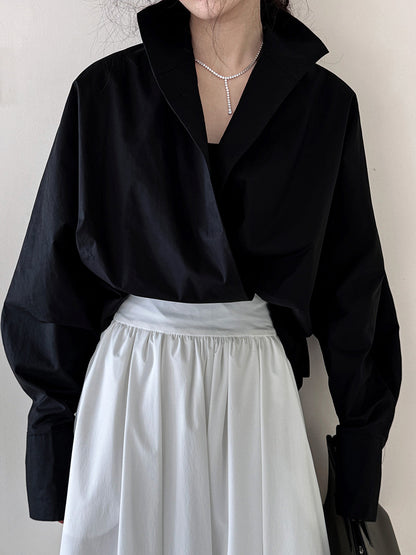 Luxi profile stacked stand collar deep V-neck white shirt Women's lazy batwing sleeve elegant large commuter shirt 9618