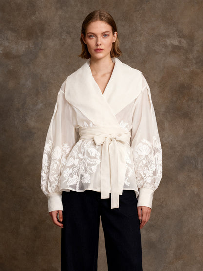 French-Style Elegant Printed Blouse 2026 Summer New Organza Large Lapel Lantern Sleeve Waist-Cinching Tie Shirt for Women