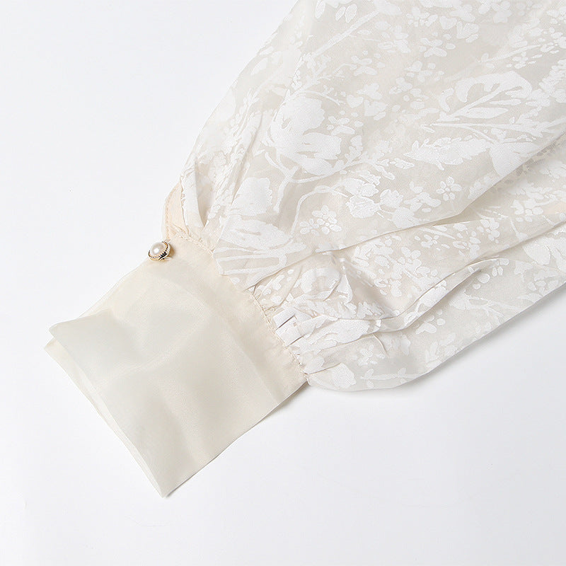 French-Style Elegant Printed Blouse 2026 Summer New Organza Large Lapel Lantern Sleeve Waist-Cinching Tie Shirt for Women