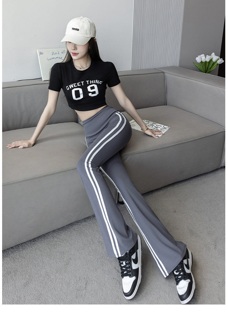 Plus Size Shark Bell Bottoms Spring Pants Women's Outer Wear Boot-Cut Pants Shark Pants High Waist Slim Side White Striped Women's Pants