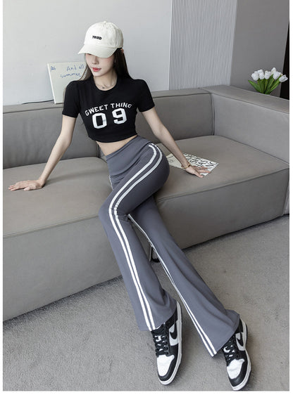 Plus Size Shark Bell Bottoms Spring Pants Women's Outer Wear Boot-Cut Pants Shark Pants High Waist Slim Side White Striped Women's Pants