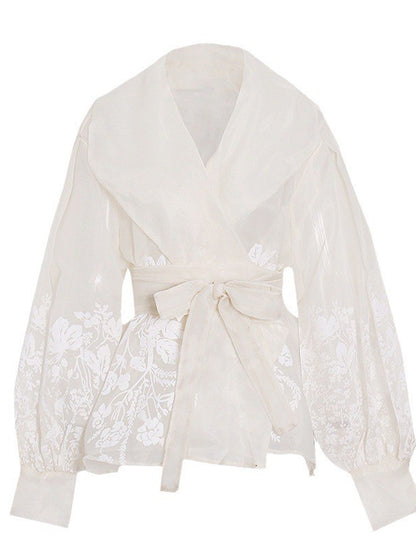 French-Style Elegant Printed Blouse 2026 Summer New Organza Large Lapel Lantern Sleeve Waist-Cinching Tie Shirt for Women