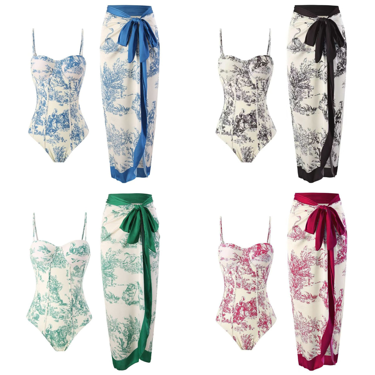 Women’s Retro Tie-Up One-Piece Swimsuit with Sun-Protection Long Skirt Set