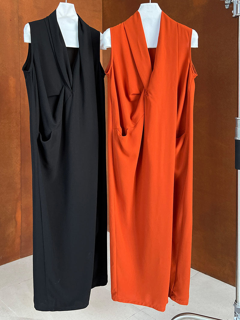 Luxi Elegant V-neck Sleeveless Kink Waist dress Women's Slimming Irregular High-end Hong Kong-style Long Skirt 3985