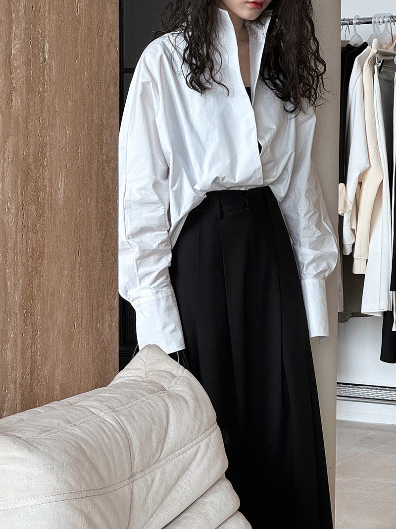 Luxi profile stacked stand collar deep V-neck white shirt Women's lazy batwing sleeve elegant large commuter shirt 9618