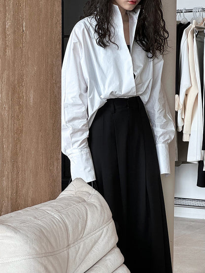 Luxi profile stacked stand collar deep V-neck white shirt Women's lazy batwing sleeve elegant large commuter shirt 9618