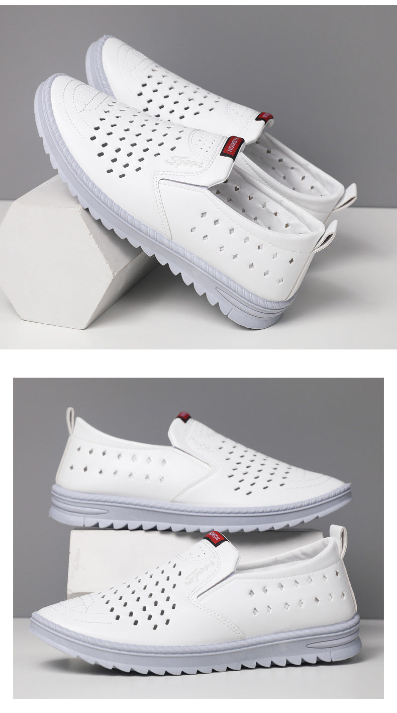 Men’s Breathable Leather Slip-On Shoes – Hollow-Out Perforated Summer Business Casual Loafers, Soft & Comfortable Low-Top Footwear