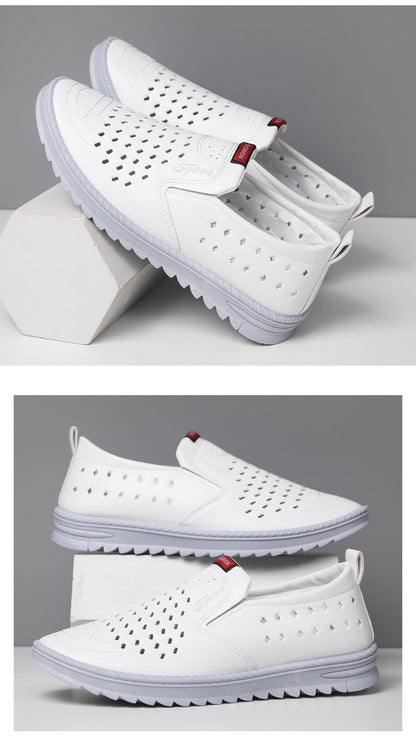 Men’s Breathable Leather Slip-On Shoes – Hollow-Out Perforated Summer Business Casual Loafers, Soft & Comfortable Low-Top Footwear