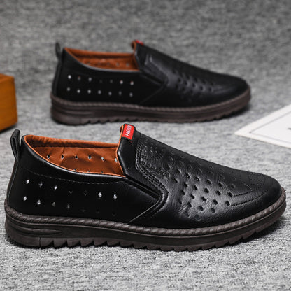 Men’s Breathable Leather Slip-On Shoes – Hollow-Out Perforated Summer Business Casual Loafers, Soft & Comfortable Low-Top Footwear