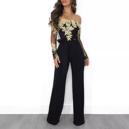 Women’s Lace Wide-Leg Jumpsuit – Elegant One-Shoulder Neck Casual Romper, European & American Style, 7 Colors