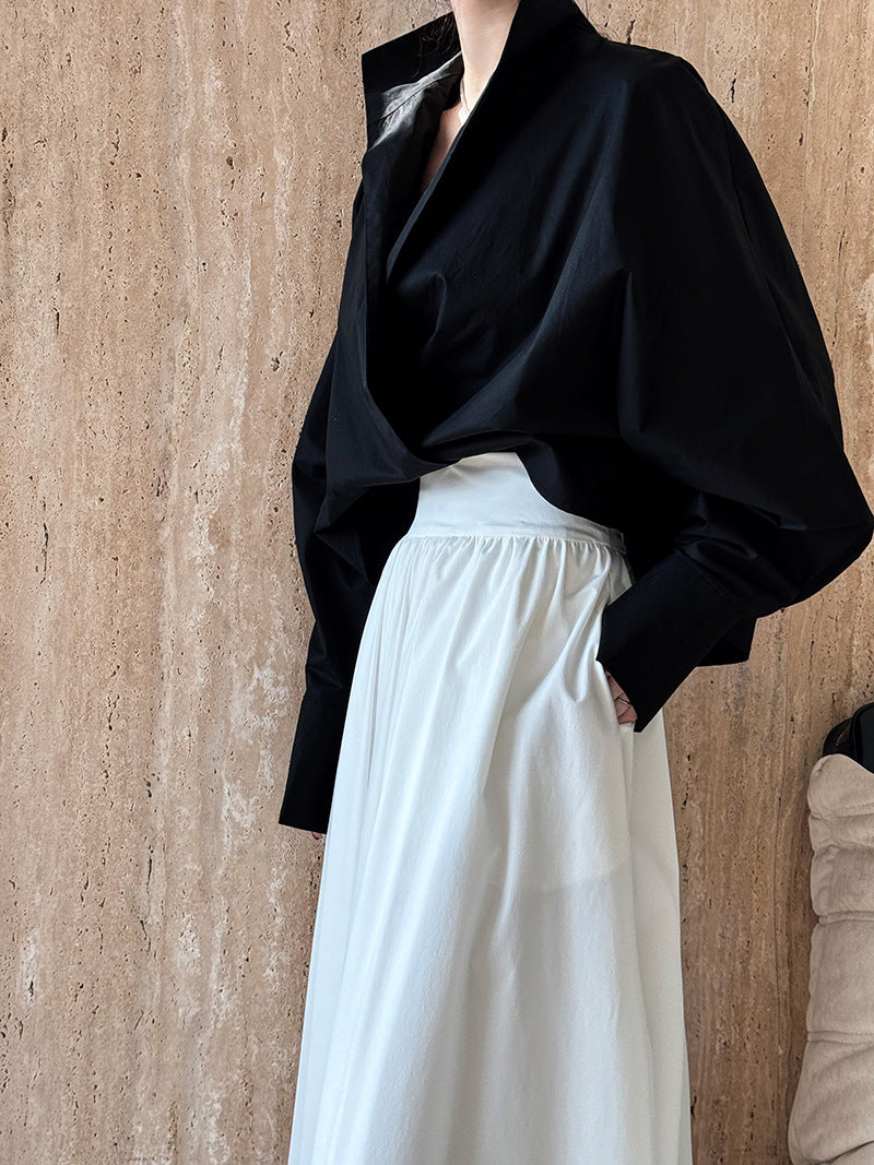 Luxi profile stacked stand collar deep V-neck white shirt Women's lazy batwing sleeve elegant large commuter shirt 9618