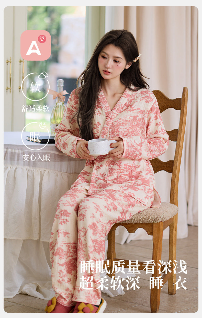 New Chinoiserie Pure Cotton Double-Layer Cotton Gauze Women's Pajamas Spring, Autumn and Summer Thin Long-Sleeved Lace-Up Home Clothes Set