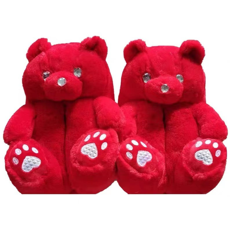 Cartoon Warm Teddy Bear Slippers Cute Little Bear Cotton Shoes Oversized Bear Indoor Home Shoes Winter Plush Wool Warm