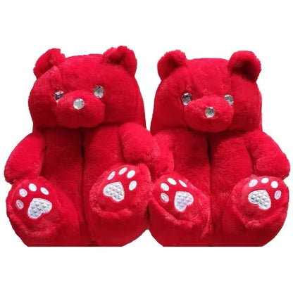 Cartoon Warm Teddy Bear Slippers Cute Little Bear Cotton Shoes Oversized Bear Indoor Home Shoes Winter Plush Wool Warm