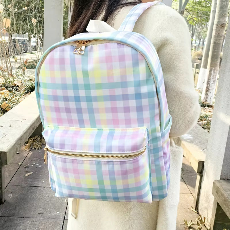 Cross-border Backpack Nylon Waterproof Rainbow Plaid Backpack Advanced Sense Niche Design Large Capacity Portable Backpack