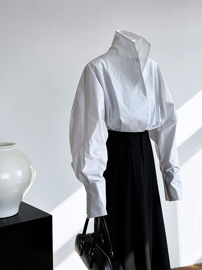 Luxi profile stacked stand collar deep V-neck white shirt Women's lazy batwing sleeve elegant large commuter shirt 9618