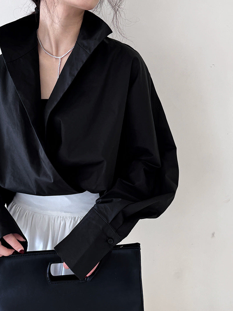 Luxi profile stacked stand collar deep V-neck white shirt Women's lazy batwing sleeve elegant large commuter shirt 9618