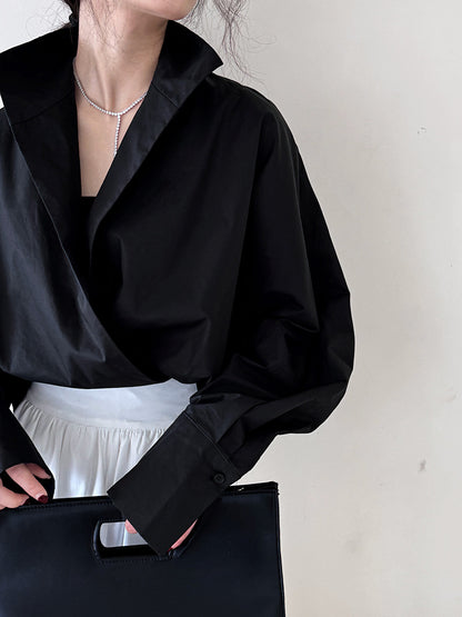 Luxi profile stacked stand collar deep V-neck white shirt Women's lazy batwing sleeve elegant large commuter shirt 9618