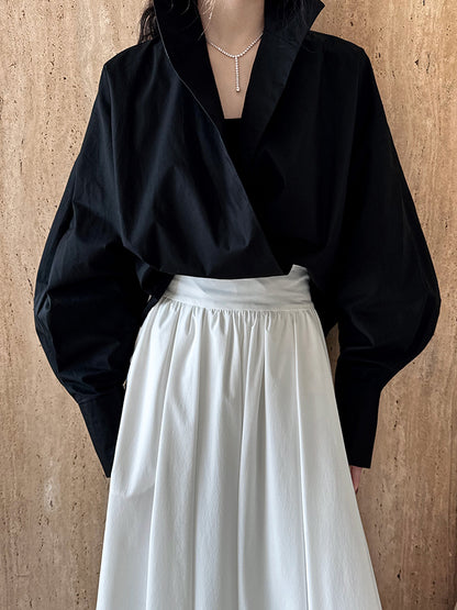 Luxi profile stacked stand collar deep V-neck white shirt Women's lazy batwing sleeve elegant large commuter shirt 9618