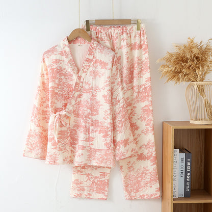 New Chinoiserie Pure Cotton Double-Layer Cotton Gauze Women's Pajamas Spring, Autumn and Summer Thin Long-Sleeved Lace-Up Home Clothes Set