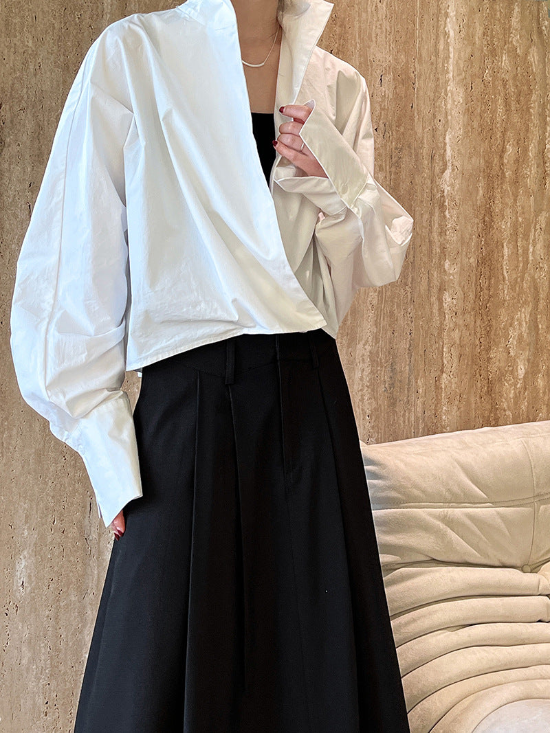 Luxi profile stacked stand collar deep V-neck white shirt Women's lazy batwing sleeve elegant large commuter shirt 9618