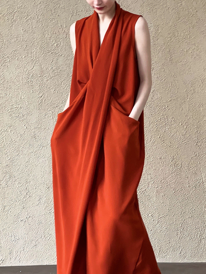 Luxi Elegant V-neck Sleeveless Kink Waist dress Women's Slimming Irregular High-end Hong Kong-style Long Skirt 3985