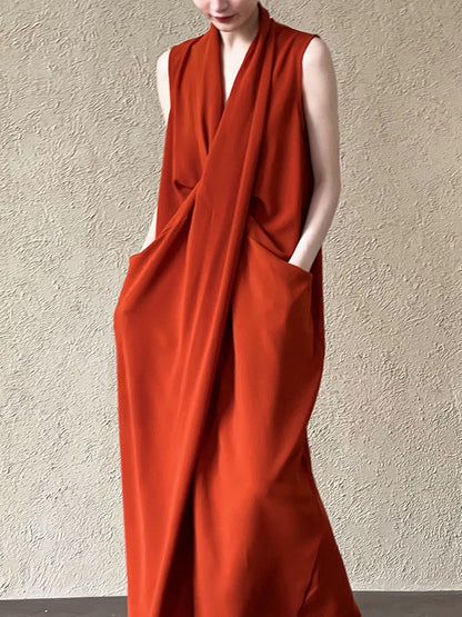 Luxi Elegant V-neck Sleeveless Kink Waist dress Women's Slimming Irregular High-end Hong Kong-style Long Skirt 3985