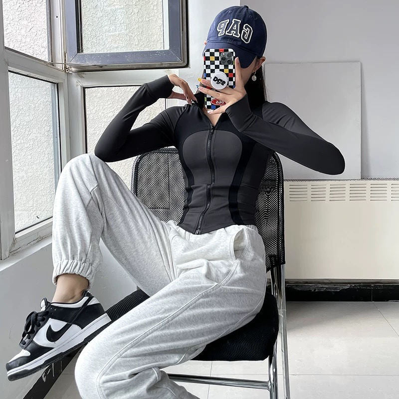 Autumn and Winter Slim Stitching Sports Jacket Women's Tight-Fit Vertical Collar Zipper Fitness Jacket Stretch Top Yoga Clothes Long Sleeve
