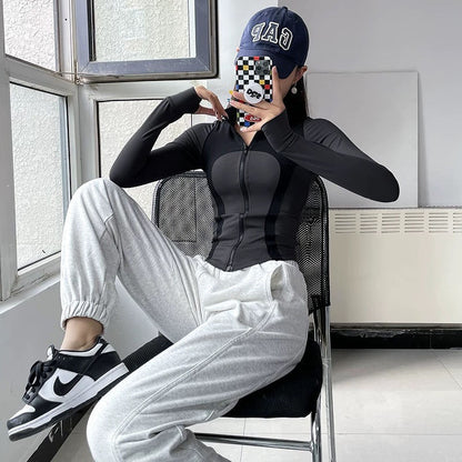 Autumn and Winter Slim Stitching Sports Jacket Women's Tight-Fit Vertical Collar Zipper Fitness Jacket Stretch Top Yoga Clothes Long Sleeve