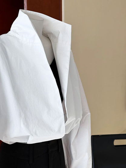 Luxi profile stacked stand collar deep V-neck white shirt Women's lazy batwing sleeve elegant large commuter shirt 9618