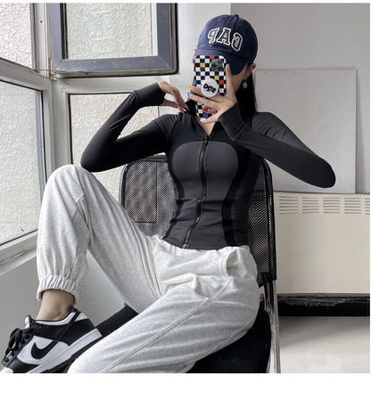 Autumn and Winter Slim Stitching Sports Jacket Women's Tight-Fit Vertical Collar Zipper Fitness Jacket Stretch Top Yoga Clothes Long Sleeve