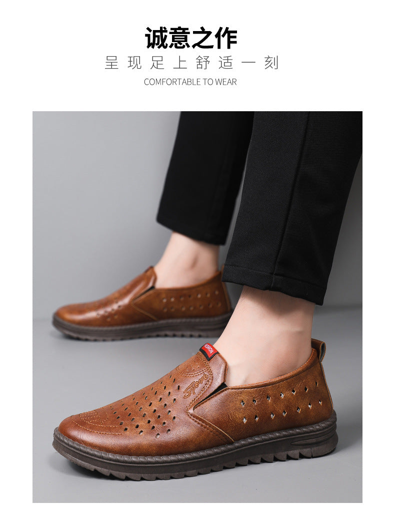 Men’s Breathable Leather Slip-On Shoes – Hollow-Out Perforated Summer Business Casual Loafers, Soft & Comfortable Low-Top Footwear