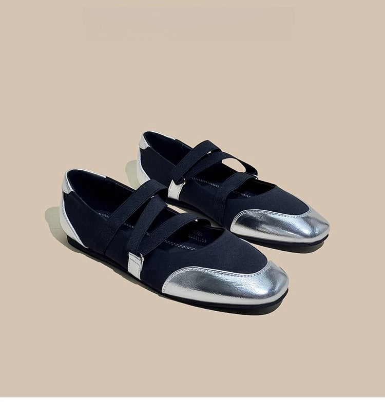 Spring and Autumn Shallow Square-Toe Flat Shoes for Women, 2026 New Model Mary Jane Ballet Shoes with Elastic Band, Silver Soft-Soled Single Shoes