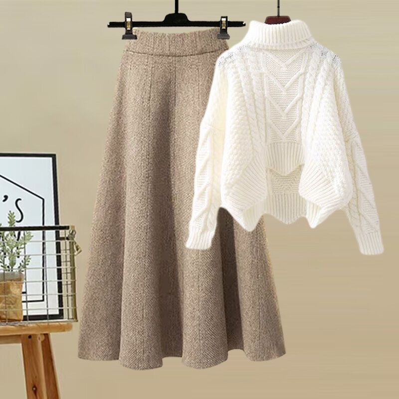 Autumn and Winter Women's Suit 2025 New Design High-Neck Knitted Sweater and Slimming Skirt Two-Piece Set